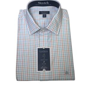 Club Room Men's Regular Fit Letto Plaid Dress Shirt Orange Aqua 17 32-33 $60